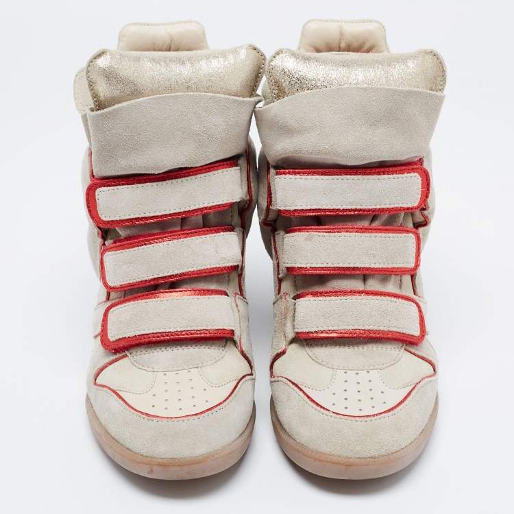 Pre Owned Isabel Marant Grey/Metallic Red Suede and Leather Bekett Wedge Sneakers Size 36