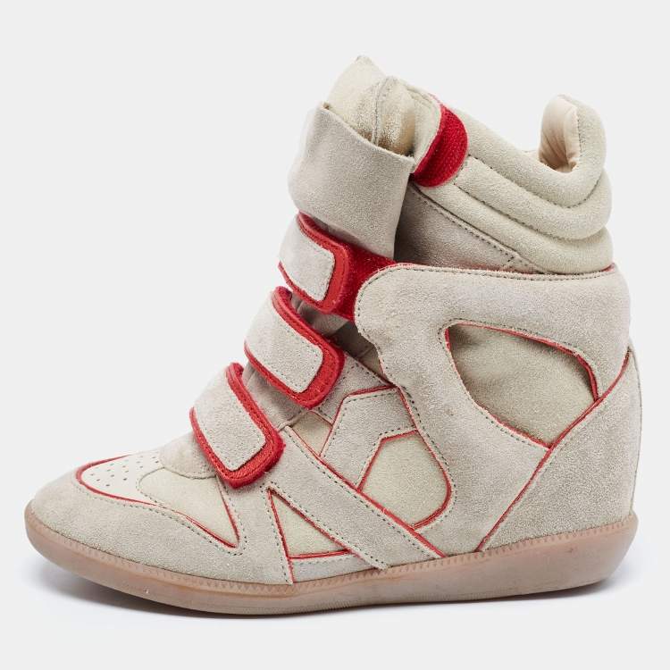 tweedehands Indirect Geven Isabel Marant Grey/Metallic Red Suede and Leather Bekett Wedge Sneakers  Size 36 Isabel Marant | TLC