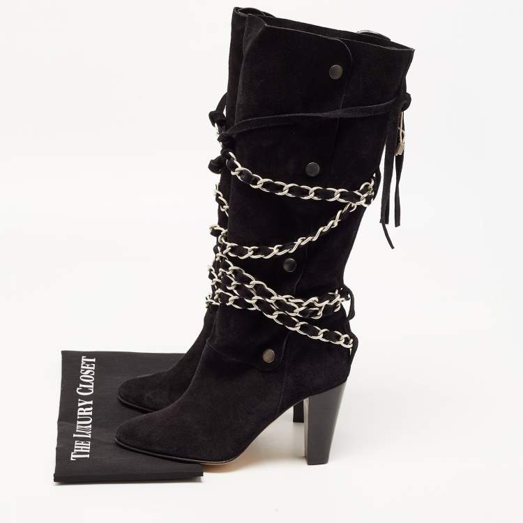 Pre Owned Isabel Marant Black Suede Chain Details Mid Calf Boots Size 39