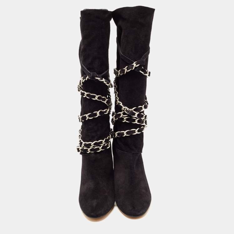 Pre Owned Isabel Marant Black Suede Chain Details Mid Calf Boots Size 39