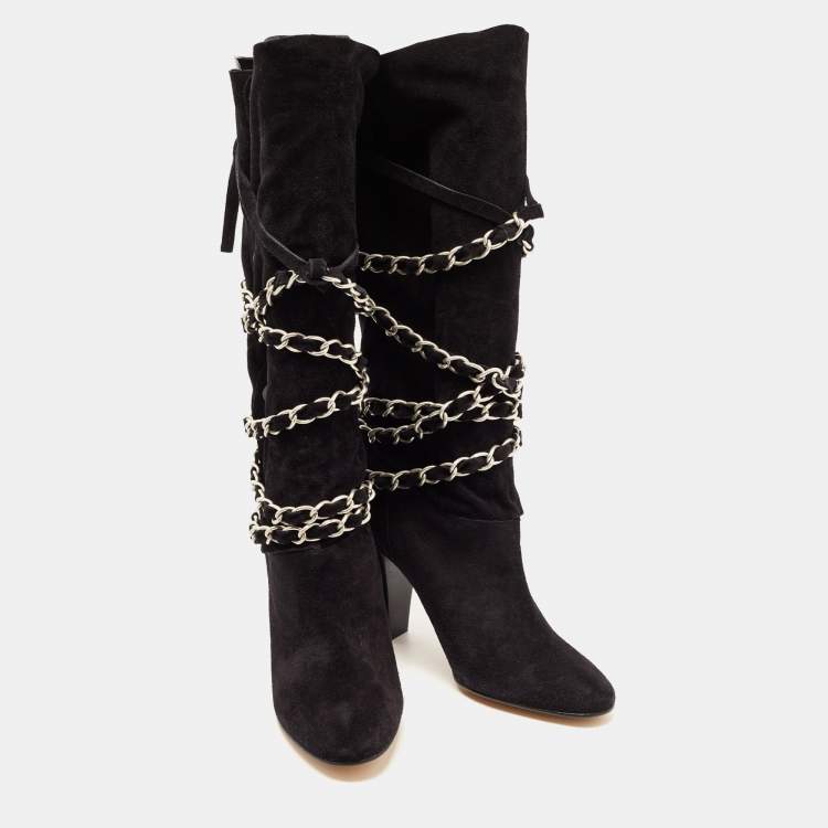 Pre Owned Isabel Marant Black Suede Chain Details Mid Calf Boots Size 39