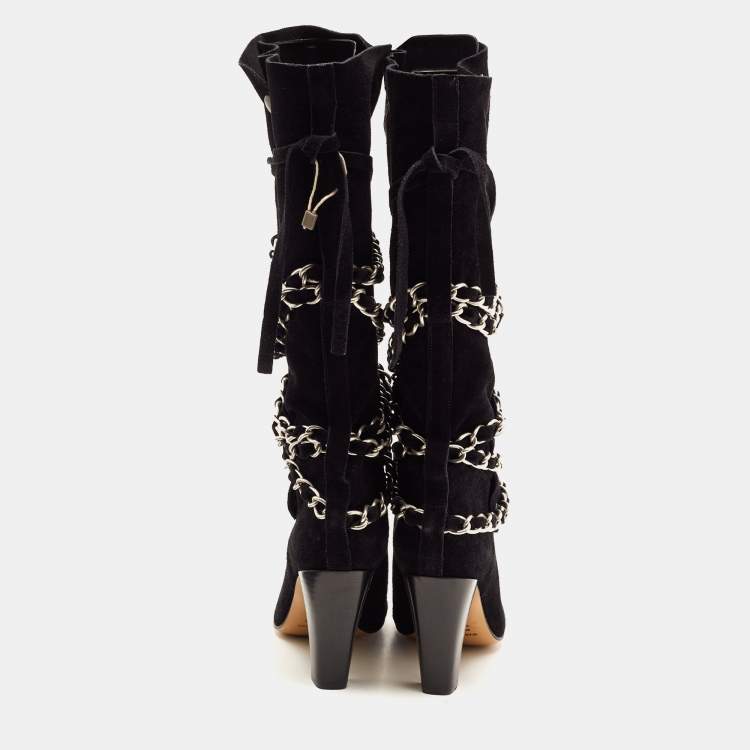 Pre Owned Isabel Marant Black Suede Chain Details Mid Calf Boots Size 39