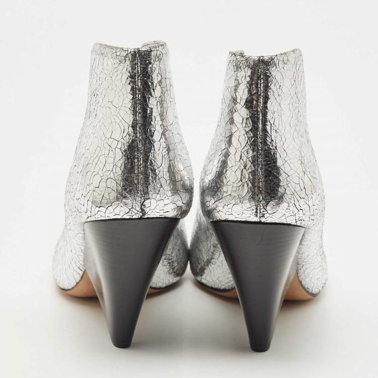 Pre Owned Isabel Marant Silver Foil Textured Leather Adenn Ankle Booties Size 38