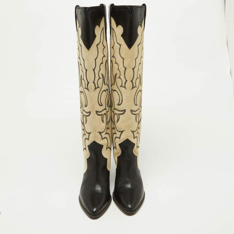 Pre Owned Isabel Marant Beige/Black Suede and Leather Knee Length Boots Size 37
