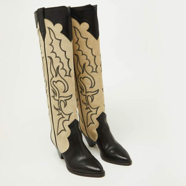 Pre Owned Isabel Marant Beige/Black Suede and Leather Knee Length Boots Size 37