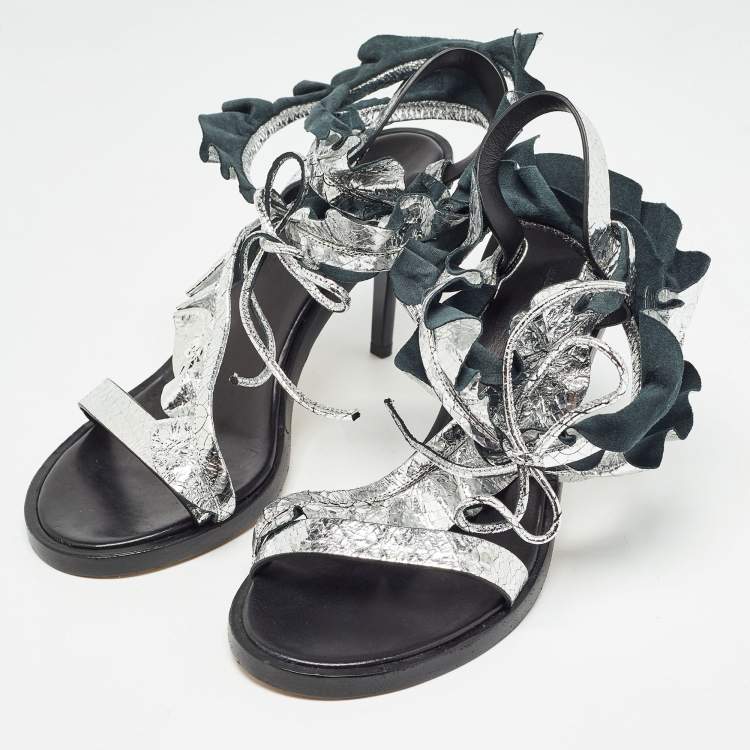 Pre Owned Isabel Marant Silver Texture Leather Aseta Ankle Strap Sandals Size 39