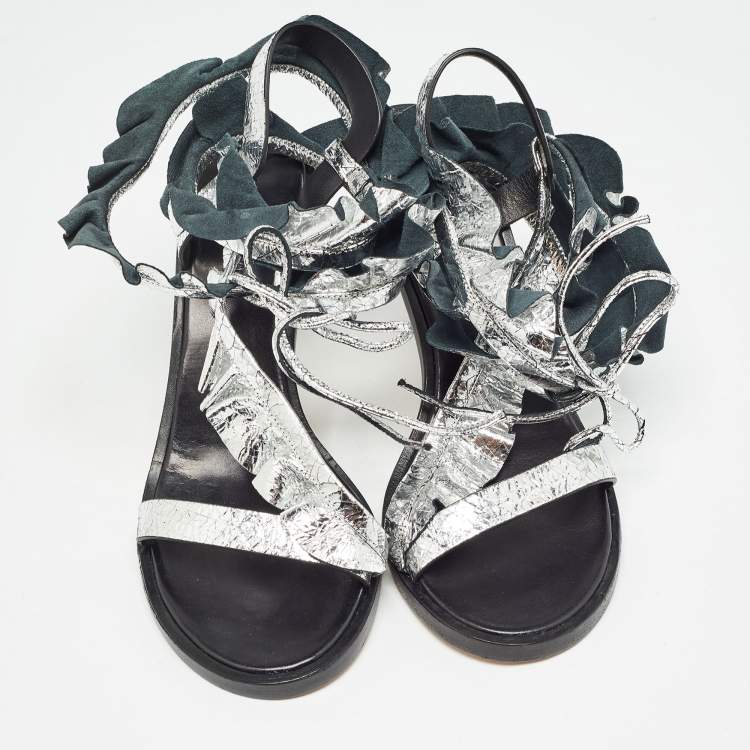 Pre Owned Isabel Marant Silver Texture Leather Aseta Ankle Strap Sandals Size 39