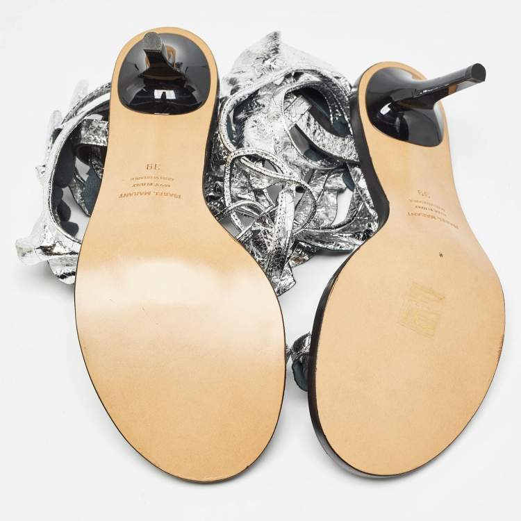 Pre Owned Isabel Marant Silver Texture Leather Aseta Ankle Strap Sandals Size 39
