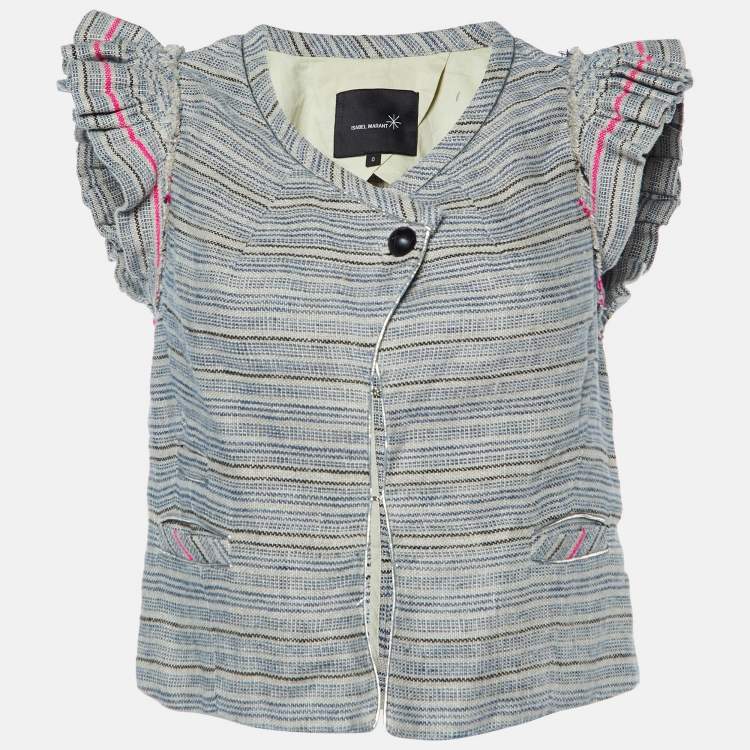 Pre Owned Isabel Marant Grey Stripe Linen Flutter Sleeve Crop Top XS