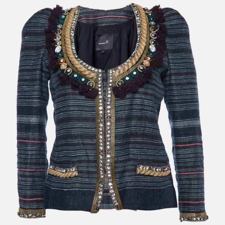 Pre Owned Isabel Marant Grey Striped Linen Crystal Embellished Jacket XS
