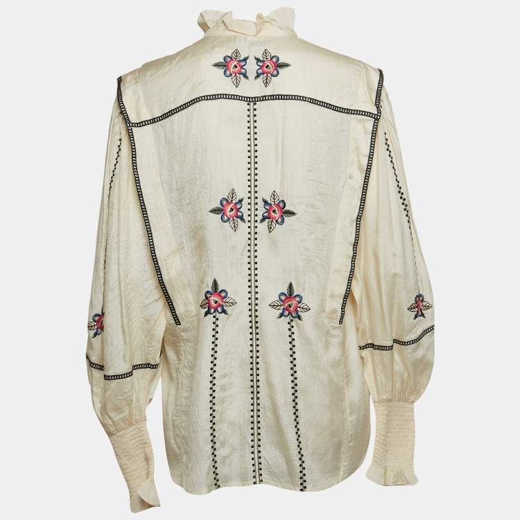 Pre Owned Isabel Marant Cream Embroidered Silk Ruffled Collar Top L