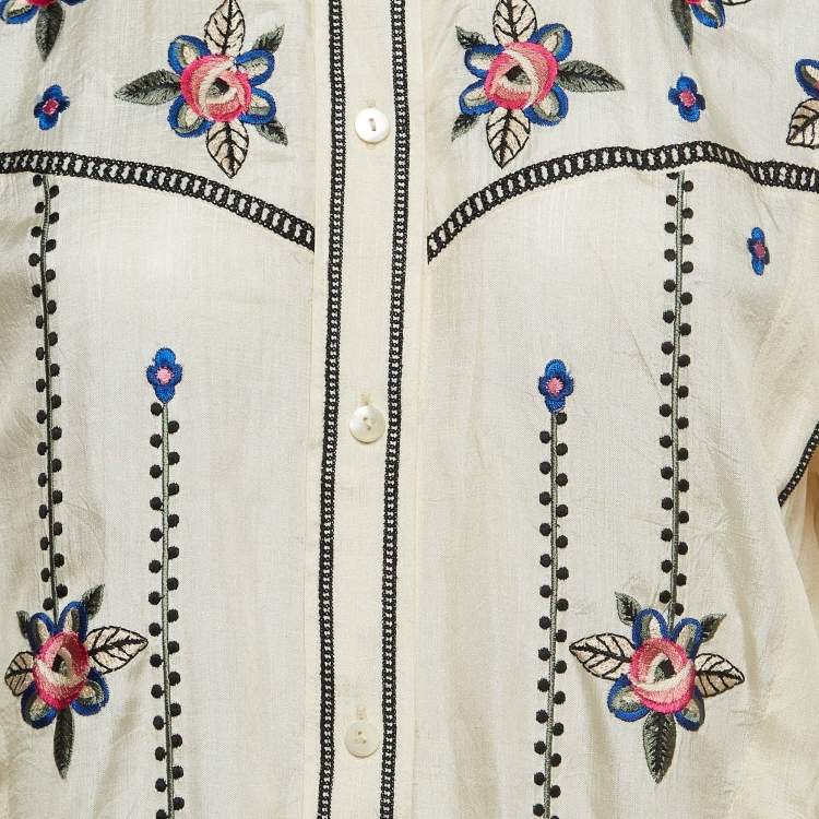 Pre Owned Isabel Marant Cream Embroidered Silk Ruffled Collar Top L