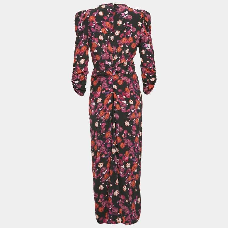 Pre Owned Isabel Marant Black Floral Print Midi Ruched Midi Dress M