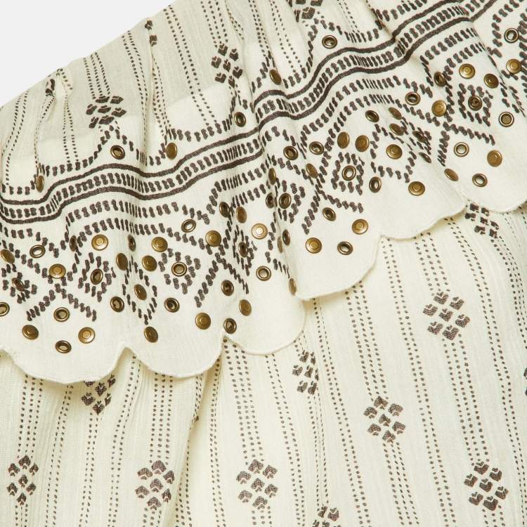 Pre Owned Isabel Marant Ivory Printed Cotton Studded One Shoulder Top M