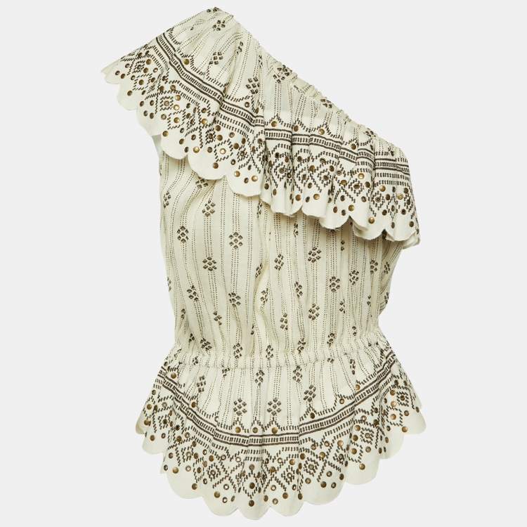 Pre Owned Isabel Marant Ivory Printed Cotton Studded One Shoulder Top M