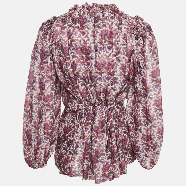 Pre Owned Isabel Marant Purple Printed Silk Ruffle Detail Top S