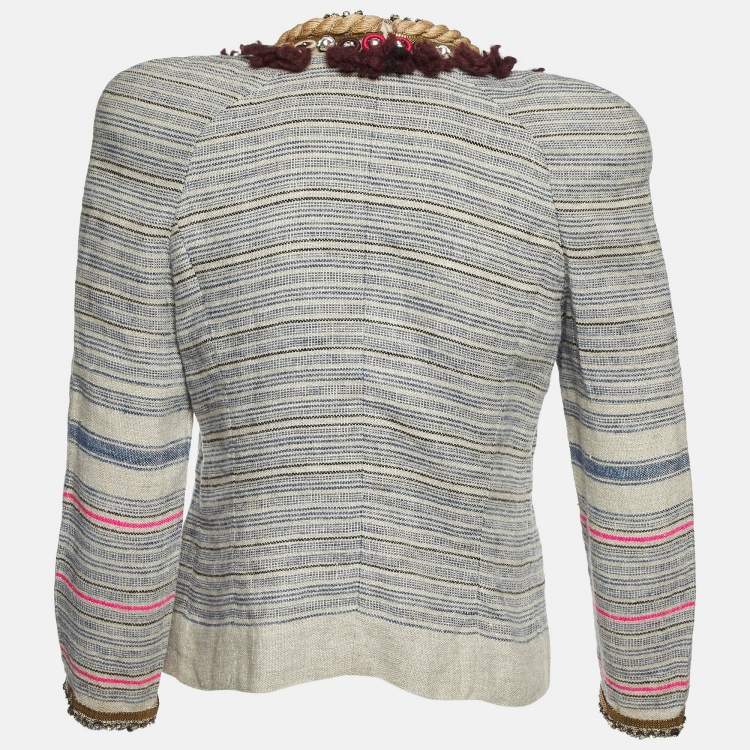 Pre Owned Isabel Marant Grey Striped Linen Crystal Embellishment Jacket M