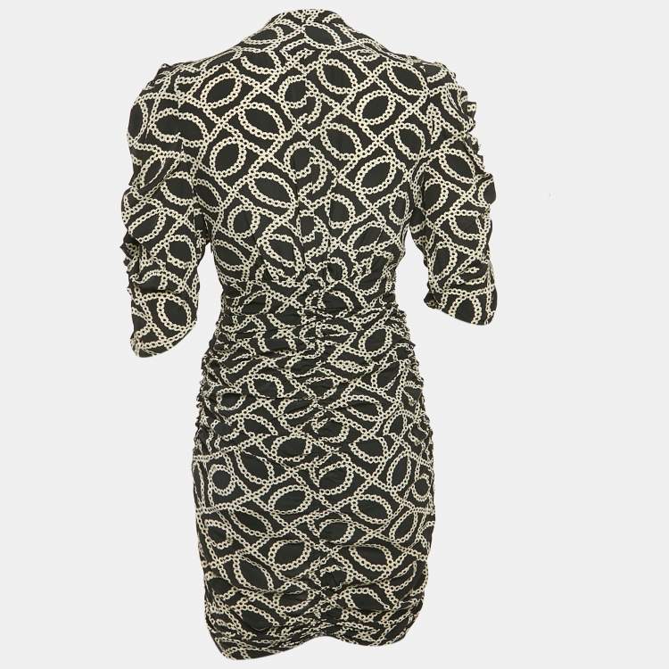 Pre Owned Isabel Marant Black Printed Silk Ruche Detail Mini Dress S
