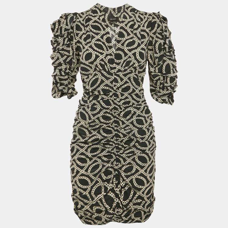 Pre Owned Isabel Marant Black Printed Silk Ruche Detail Mini Dress S