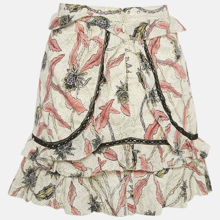 Pre Owned Isabel Marant Off White Leaf Print Cotton Ruffled Mini Skirt S