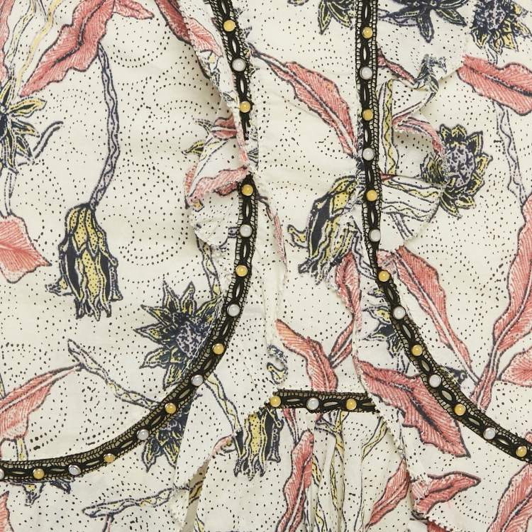 Pre Owned Isabel Marant Off White Leaf Print Cotton Ruffled Mini Skirt S