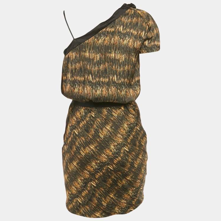 Pre Owned Isabel Marant Black Printed Satin Asymmetric Wrap Mini Dress XS