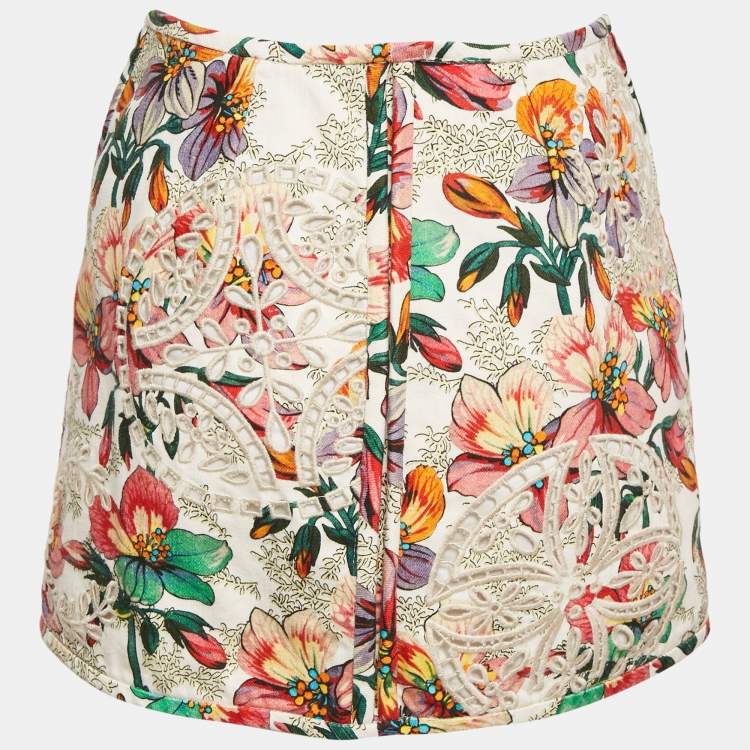 Pre Owned Isabel Marant White Floral Print Broderie Anglaise Mini Skirt M