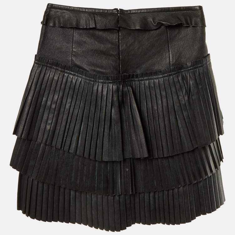 Pre Owned Isabel Marant Black Leather Pleated Tiered Mini Skirt S 