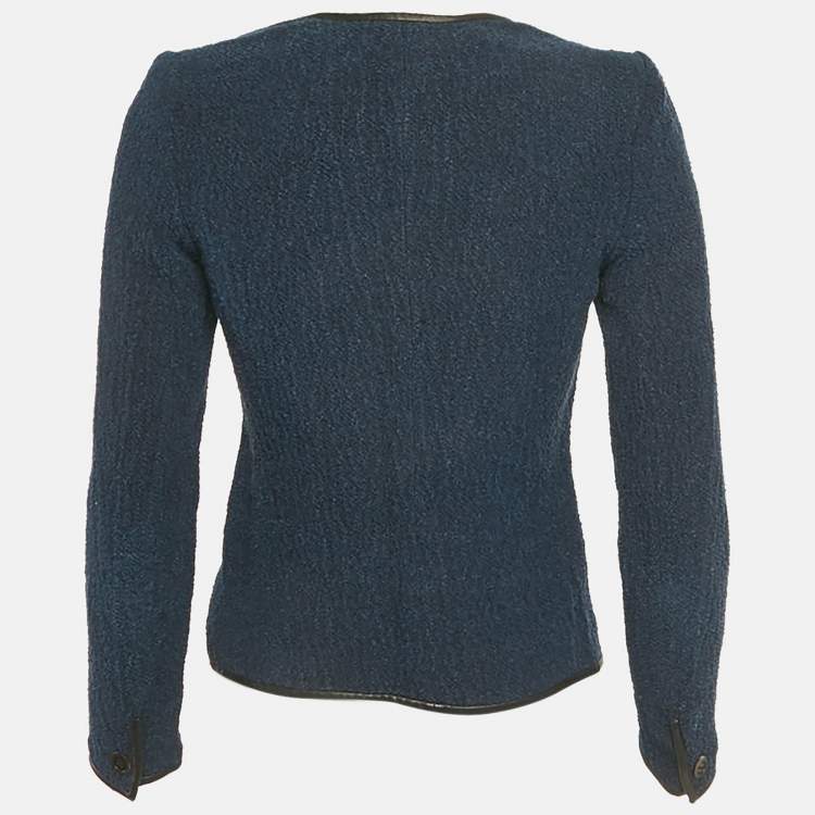 Pre Owned جاكيت إيزابيل مارانت تويد أزرق بحواف جلدية مقاس صغير - سمول