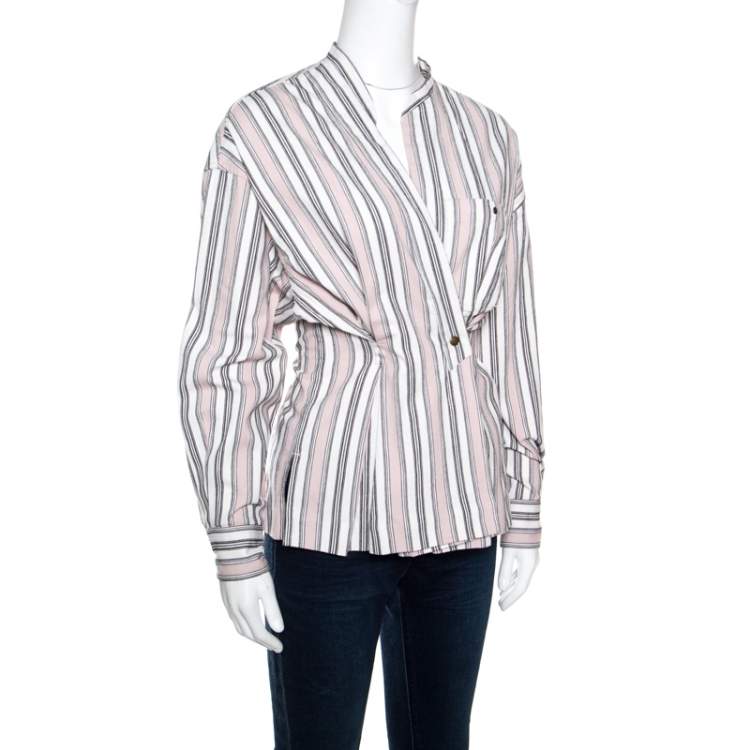 Pre Owned Isabel Marant Pink and White Striped Cotton Jacquard Wrap Front Silvia Shirt M