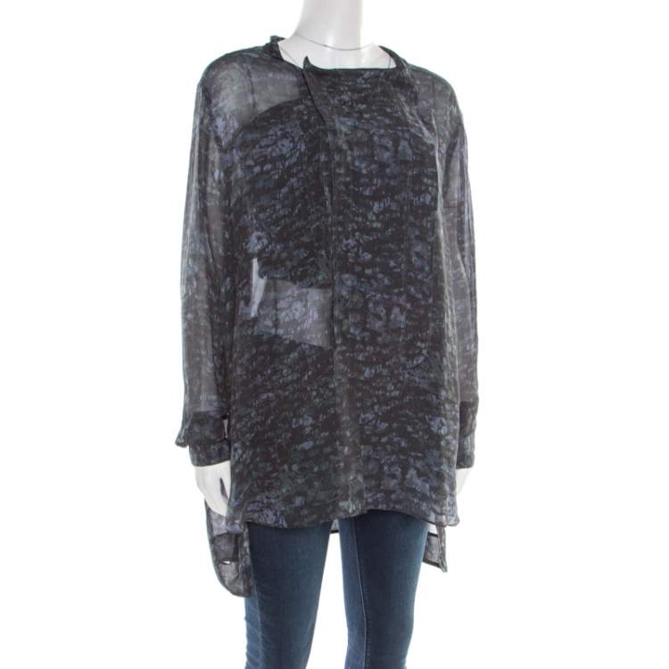 Pre Owned Isabel Marant Ash Black Abstract Print Sheer Silk Tunic Top L
