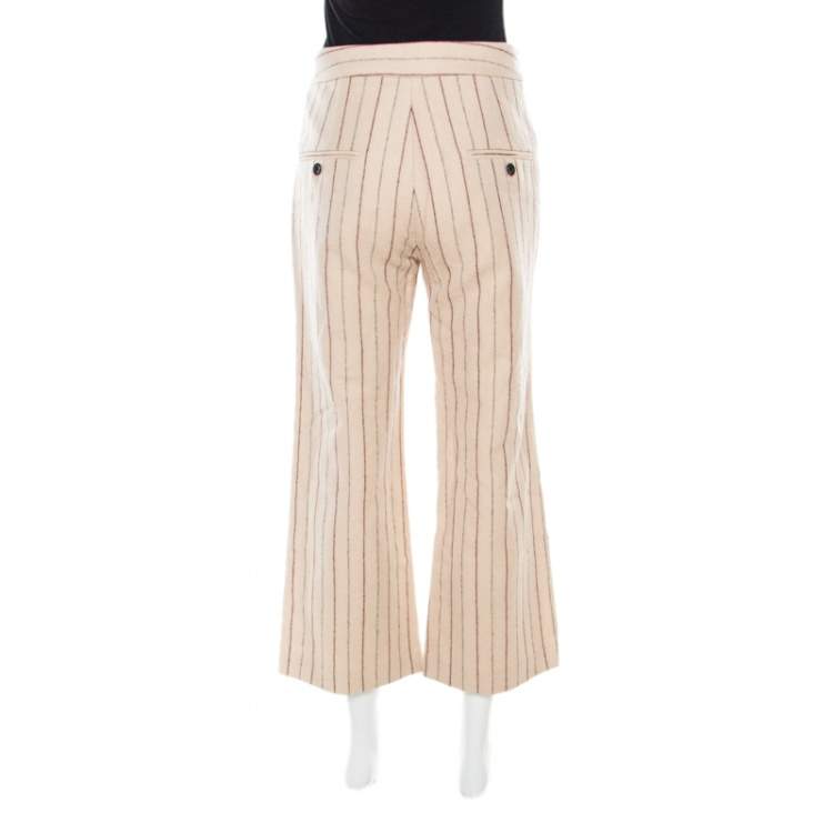 Pre Owned Isabel Marant Beige Striped Linen and Wool Flared Keroan Cropped Pants S
