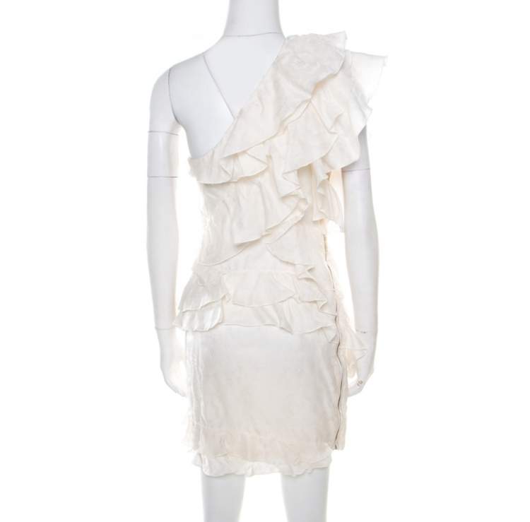 Pre Owned Isabel Marant Off White Floral Patterned Silk Ruffled Tiered One Shoulder Dress S