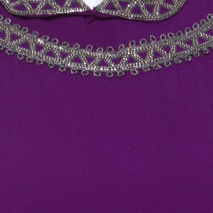 Pre Owned Isabel Marant Purple Silk Embellished Collar Half Sleeve Top L