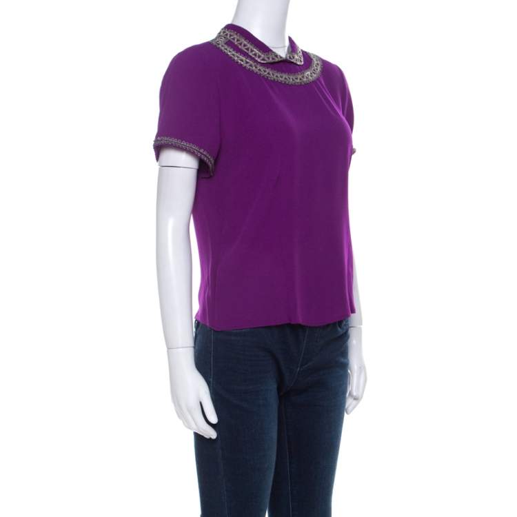 Pre Owned Isabel Marant Purple Silk Embellished Collar Half Sleeve Top L