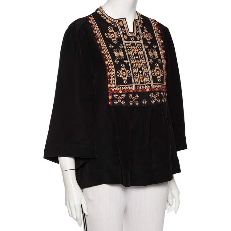 Pre Owned Isabel Marant Black Silk Embroidered Roma Top L
