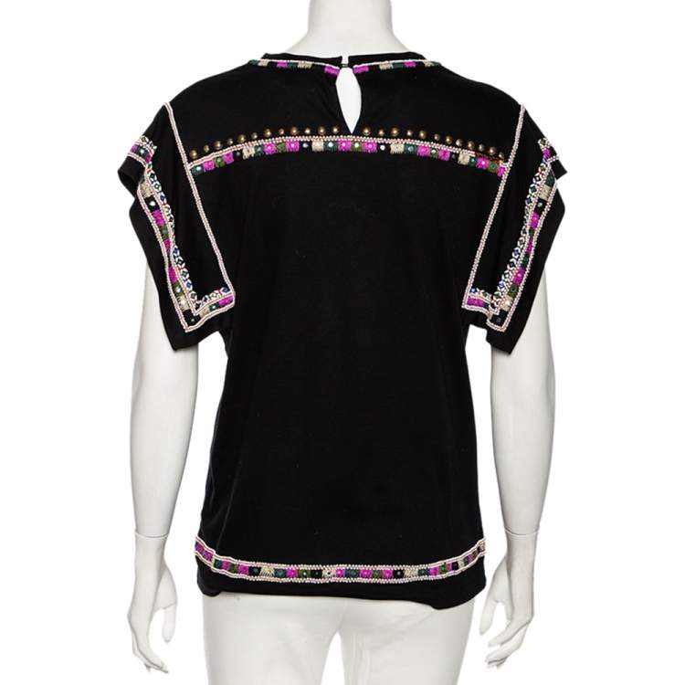 Pre Owned Isabel Marant Black Cotton Embellished Round Neck Top L 