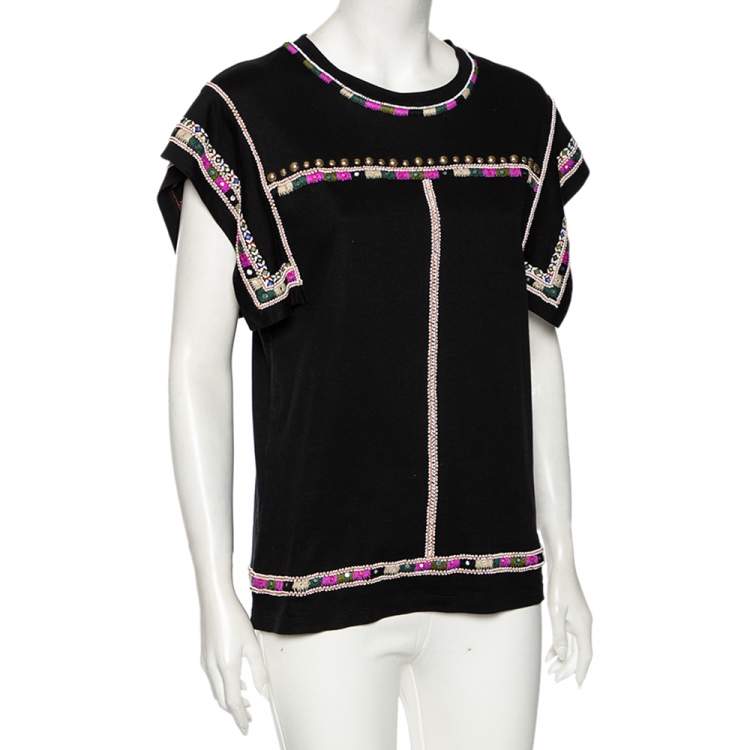Pre Owned Isabel Marant Black Cotton Embellished Round Neck Top L 