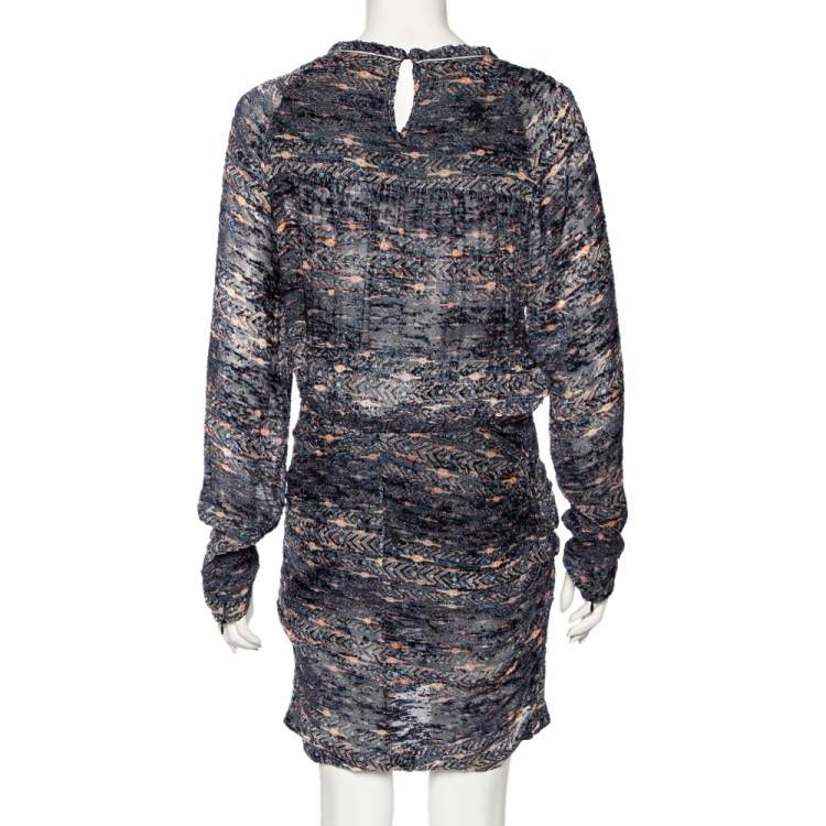 Pre Owned Isabel Marant Blue Printed Synthetic Long Sleeve Ellos Ikat Short Dress M