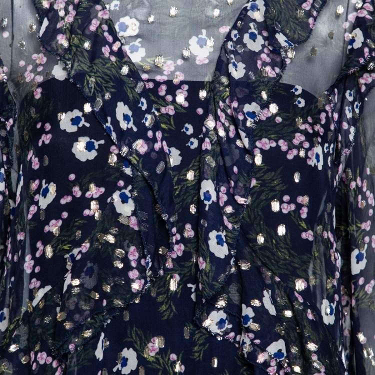 Pre Owned Isabel Marant Navy Blue Floral Printed Silk & Lurex Ruffle Trimmed Blouse S
