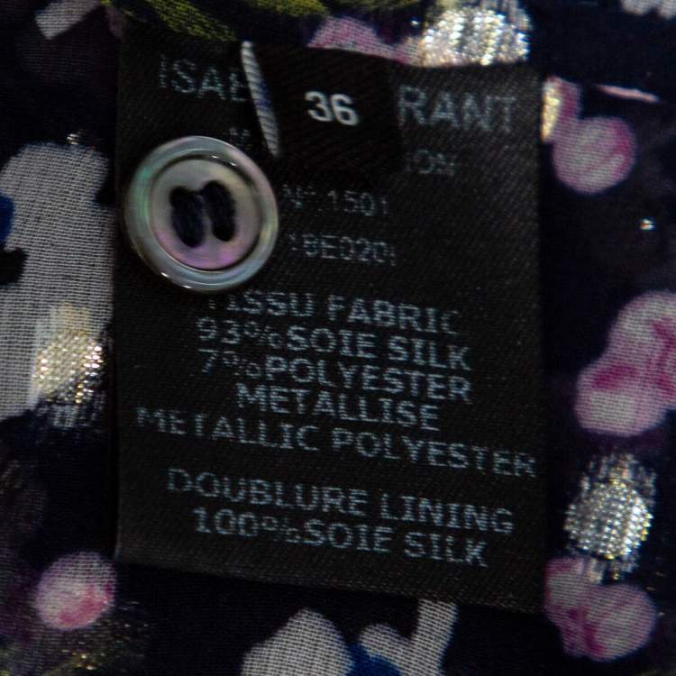 Pre Owned Isabel Marant Navy Blue Floral Printed Silk & Lurex Ruffle Trimmed Blouse S