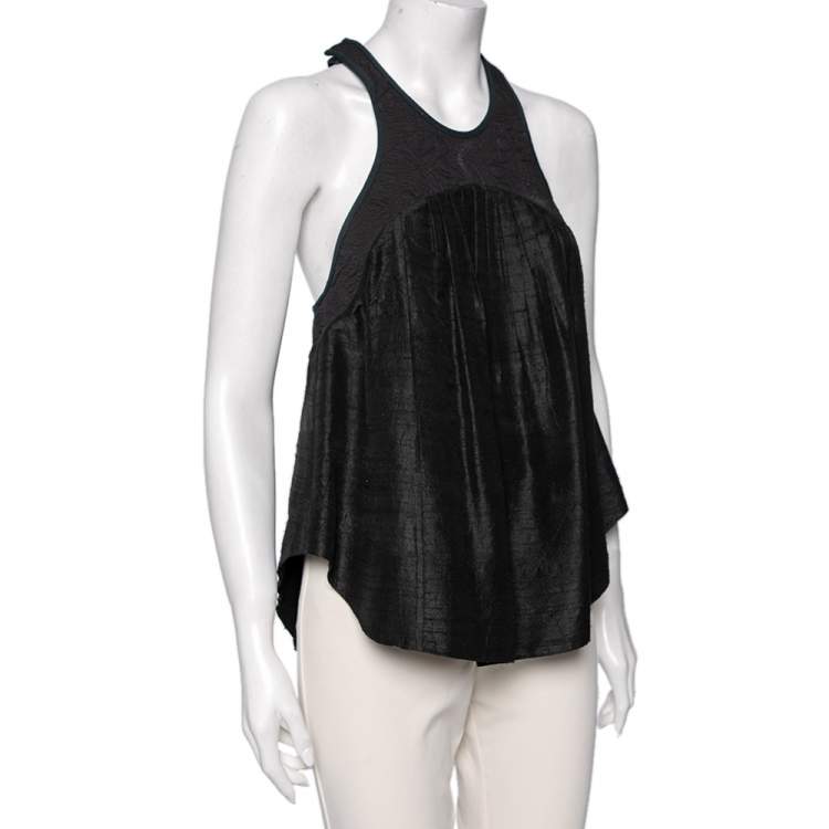 Pre Owned Isabel Marant Black Floral Embroidered Cotton & Silk Pleated Detail Top M