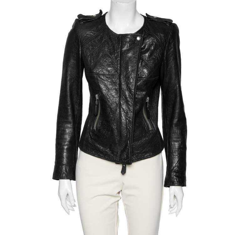 Pre Owned Isabel Marant Black Textured Leather Zip Front Jacket XS