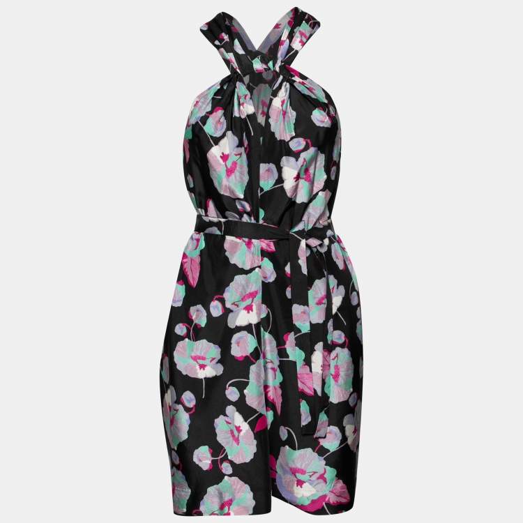 مملوكة مسبقًا Isabel Marant Black Floral Printed Silk Belted Sleeveless Dress S