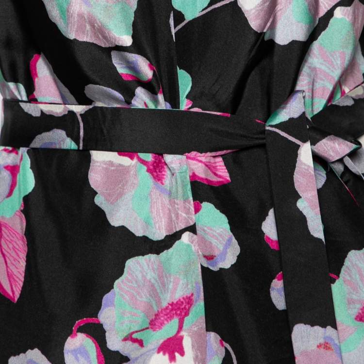 مملوكة مسبقًا Isabel Marant Black Floral Printed Silk Belted Sleeveless Dress S