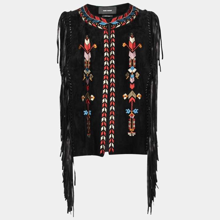 Pre Owned Isabel Marant Black Embroidered Suede Fringed Open-Front Vest L