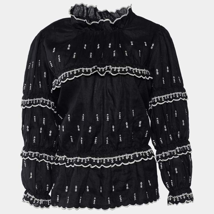 Pre Owned Isabel Marant Black Embroidered Linen Flared Blouse L