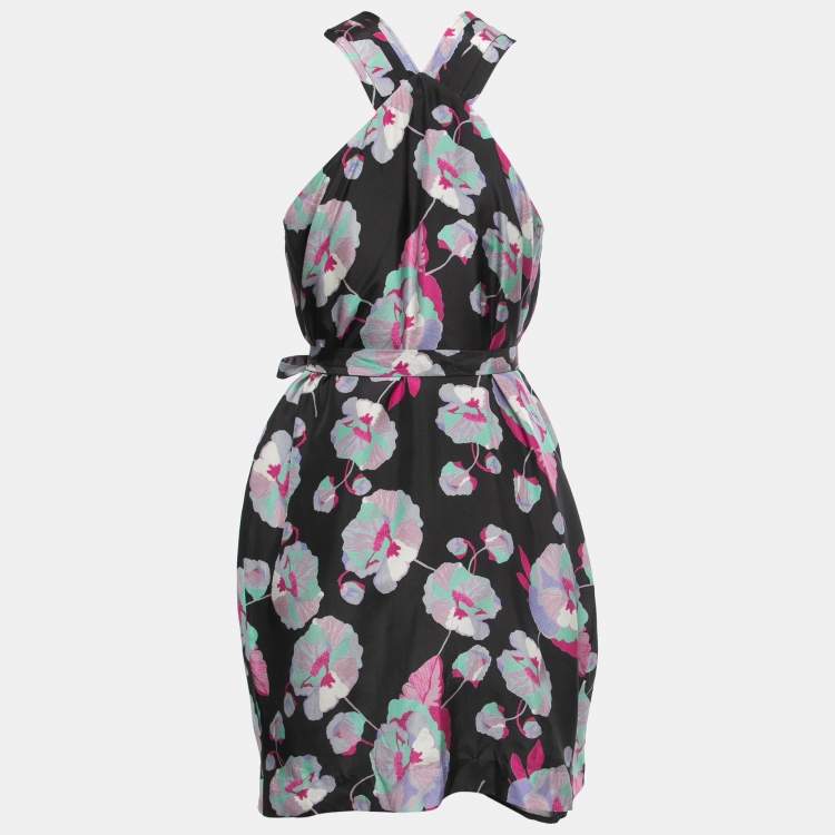 Pre Owned Isabel Marant Black Floral Printed Silk Belted Sleeveless Dress S