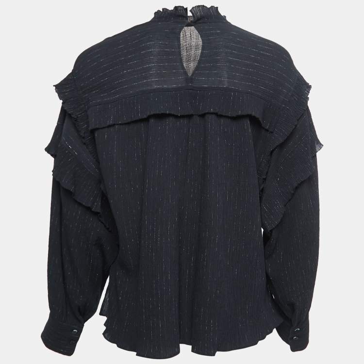 Pre Owned Isabel Marant Black Crinkled Cotton & Silk Ruffled Blouse M