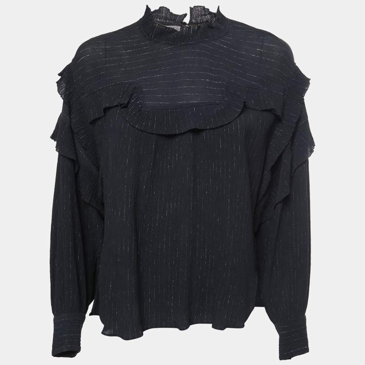 Pre Owned Isabel Marant Black Crinkled Cotton & Silk Ruffled Blouse M